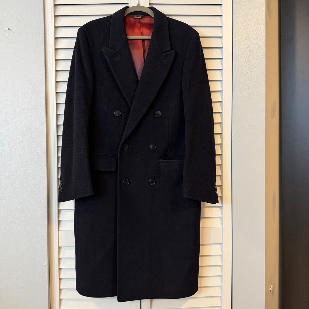 VTG Barneys New York Mens Navy 100% Virgin Wool Double Breasted Overcoat 40